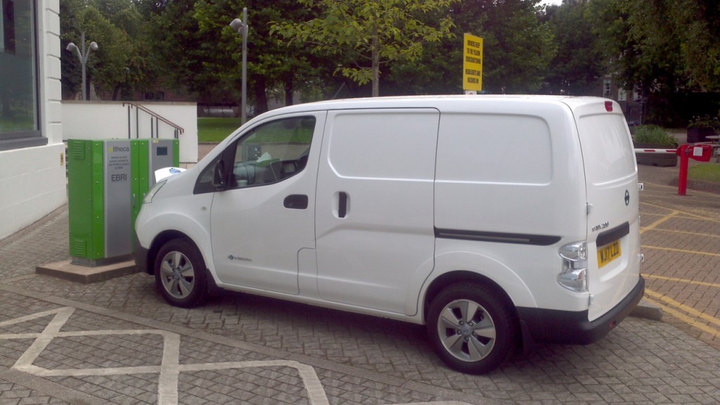 A Exeter Nissan e-NV200 plugged in to the V2G charging station at EBRI